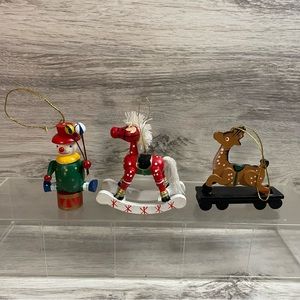 Vintage Wooden Christmas Ornament Lot 3 Rocking Horse Clown Deer On Wheels